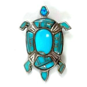 Vintage Zuni Turquoise Gilson Opal Inlay Sterling Silver Turtle Pendant
